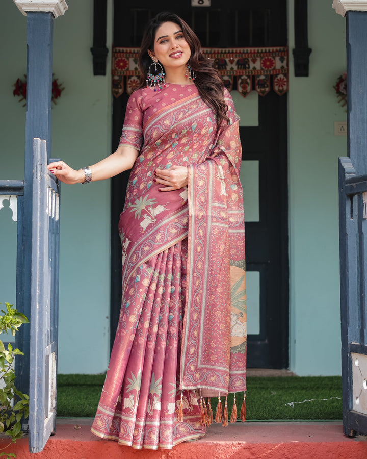 Mauve with Floral Motifs Linen Cotton Handloom Printed Saree, Pastoral Scene Pallu, and Tassels