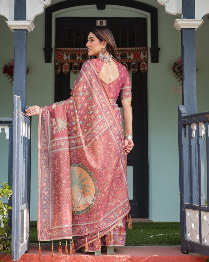 Mauve with Floral Motifs Linen Cotton Handloom Printed Saree, Pastoral Scene Pallu, and Tassels