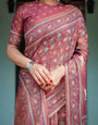 Mauve with Floral Motifs Linen Cotton Handloom Printed Saree, Pastoral Scene Pallu, and Tassels