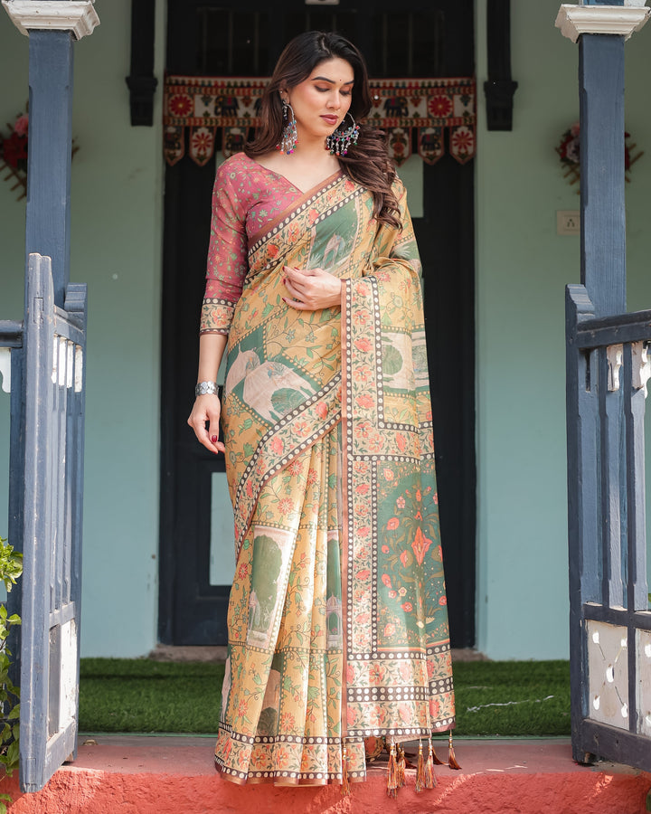 Mustard Yellow with Floral Motifs, Linen Cotton Handloom Printed Saree Architectural Pallu, and Tassels