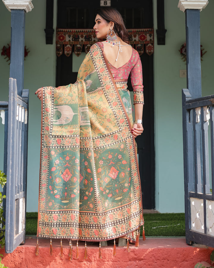 Mustard Yellow with Floral Motifs, Linen Cotton Handloom Printed Saree Architectural Pallu, and Tassels