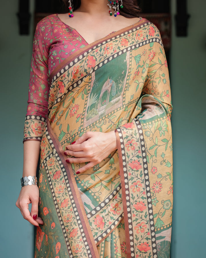 Mustard Yellow with Floral Motifs, Linen Cotton Handloom Printed Saree Architectural Pallu, and Tassels