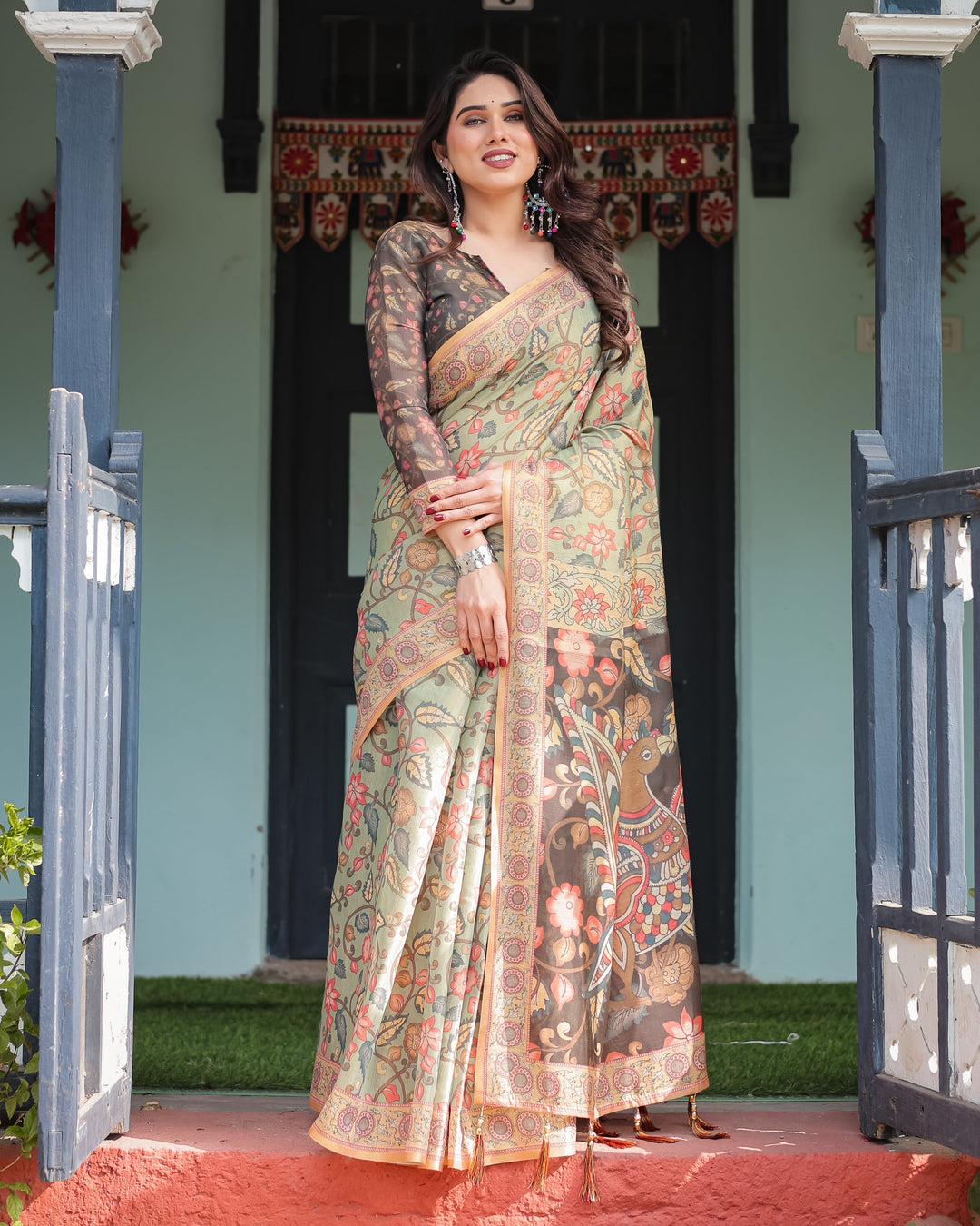 Sage Green with Bold Floral Motifs Linen Cotton Handloom Printed Saree, Vibrant Peacock Pallu, and Tassels