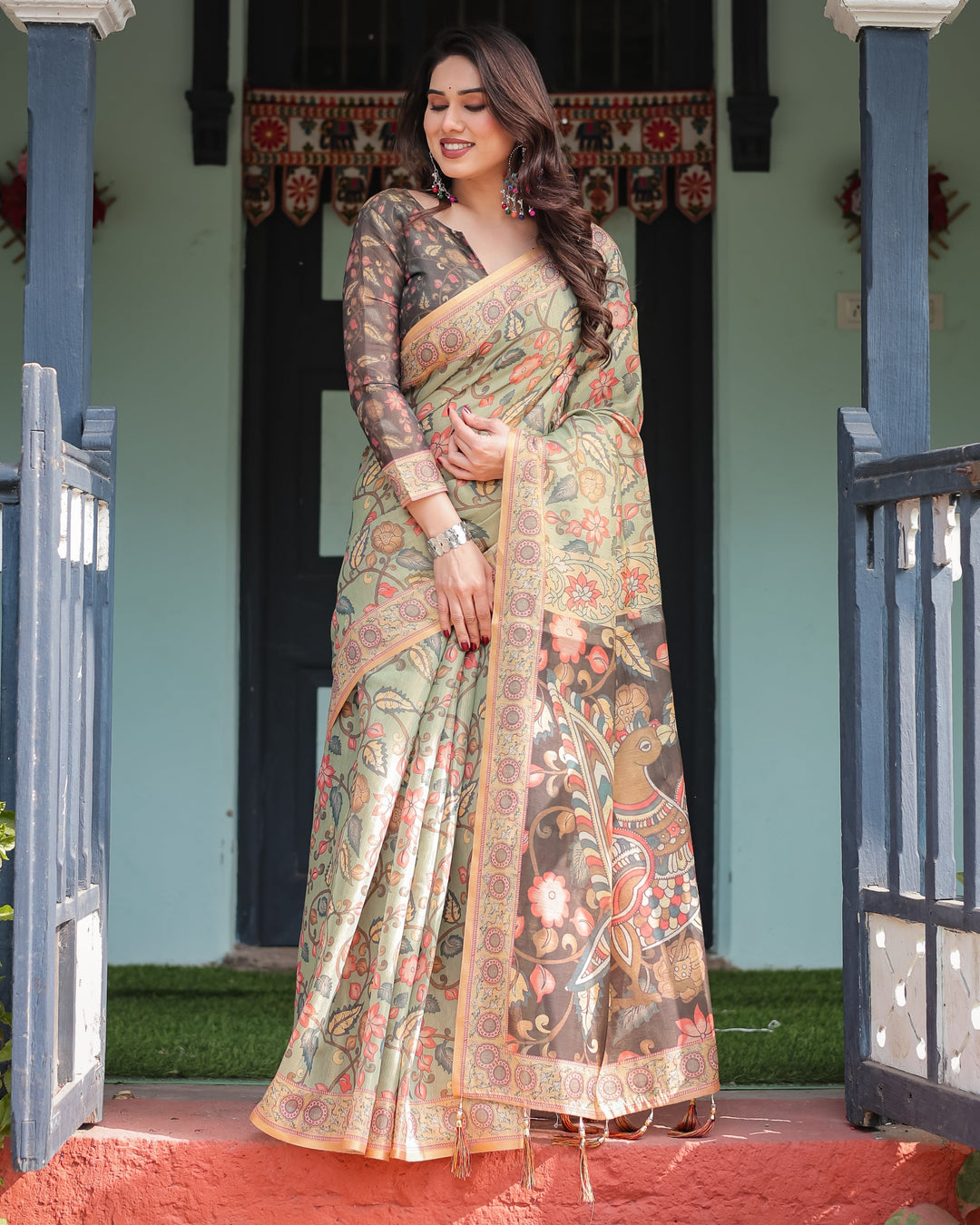 Sage Green with Bold Floral Motifs Linen Cotton Handloom Printed Saree, Vibrant Peacock Pallu, and Tassels