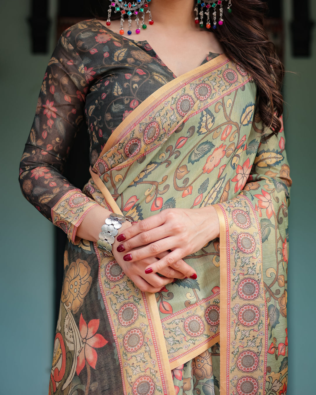 Sage Green with Bold Floral Motifs Linen Cotton Handloom Printed Saree, Vibrant Peacock Pallu, and Tassels