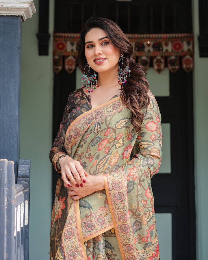 Sage Green with Bold Floral Motifs Linen Cotton Handloom Printed Saree, Vibrant Peacock Pallu, and Tassels