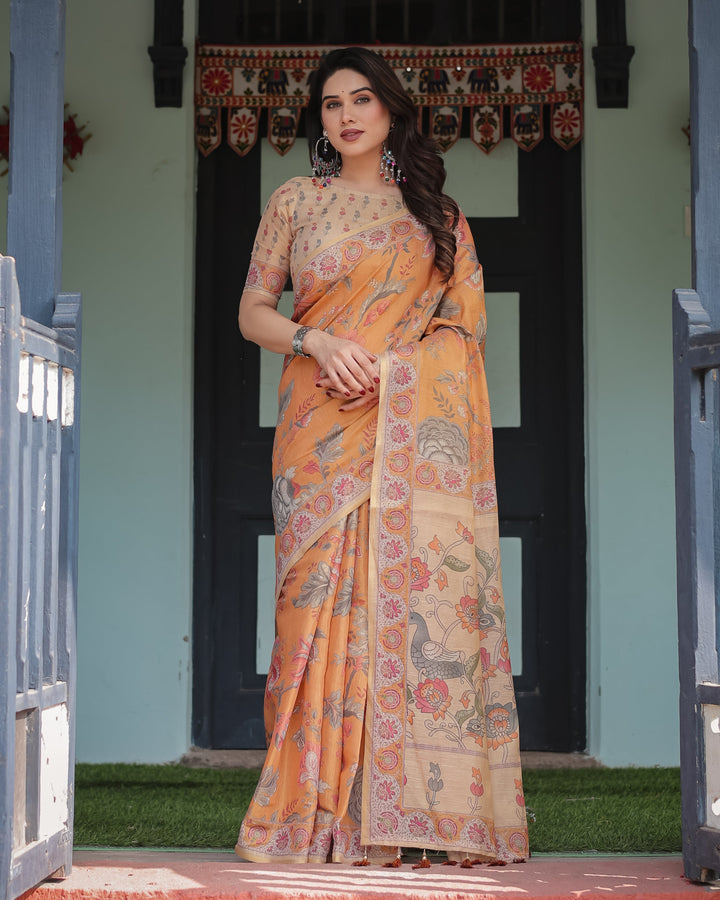 Sunny Mustard with Floral Motifs Linen Cotton Handloom Printed Saree, Delicate Borders, and Tassels