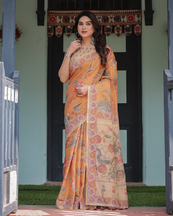 Sunny Mustard with Floral Motifs Linen Cotton Handloom Printed Saree, Delicate Borders, and Tassels