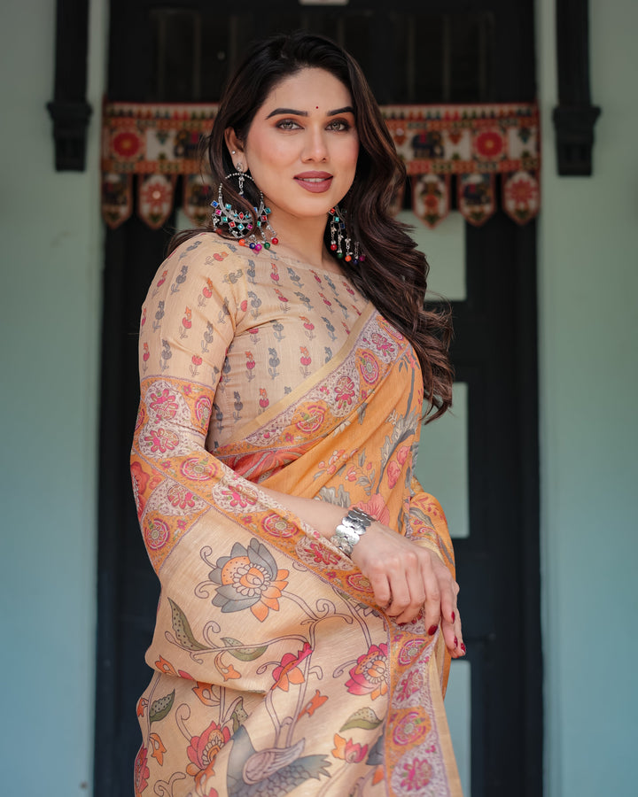 Sunny Mustard with Floral Motifs Linen Cotton Handloom Printed Saree, Delicate Borders, and Tassels