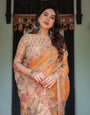 Sunny Mustard with Floral Motifs Linen Cotton Handloom Printed Saree, Delicate Borders, and Tassels