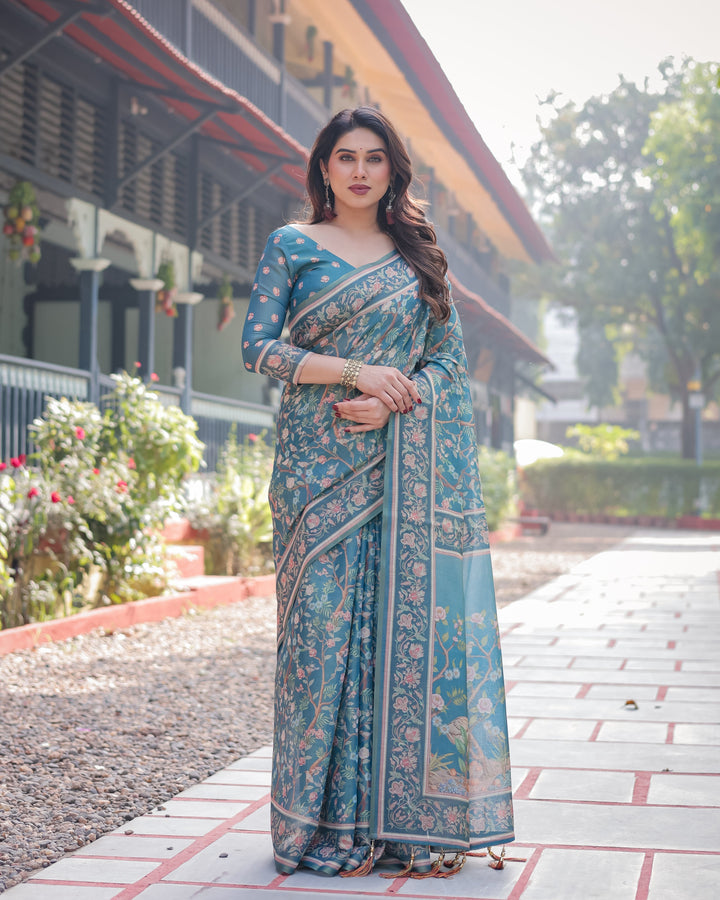 Elegant Aqua Blue Handloom Cotton-Linen Saree with Golden Zari Weave and Tassel Finish