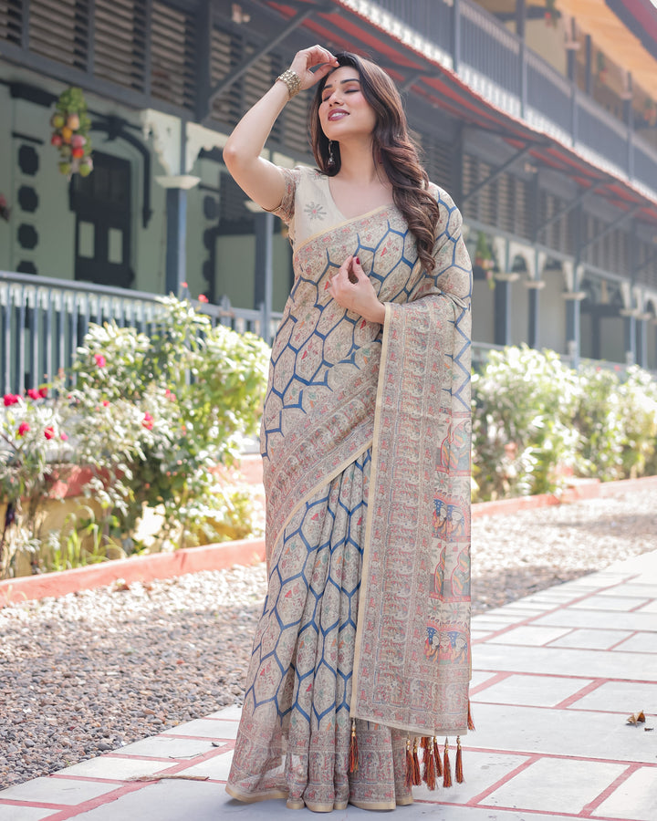 Classic Beige Handloom Cotton-Linen Saree with Madhubani-Inspired Prints and Zari Highlights