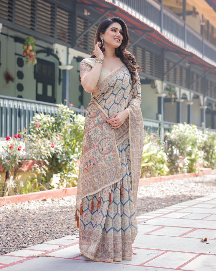 Classic Beige Handloom Cotton-Linen Saree with Madhubani-Inspired Prints and Zari Highlights