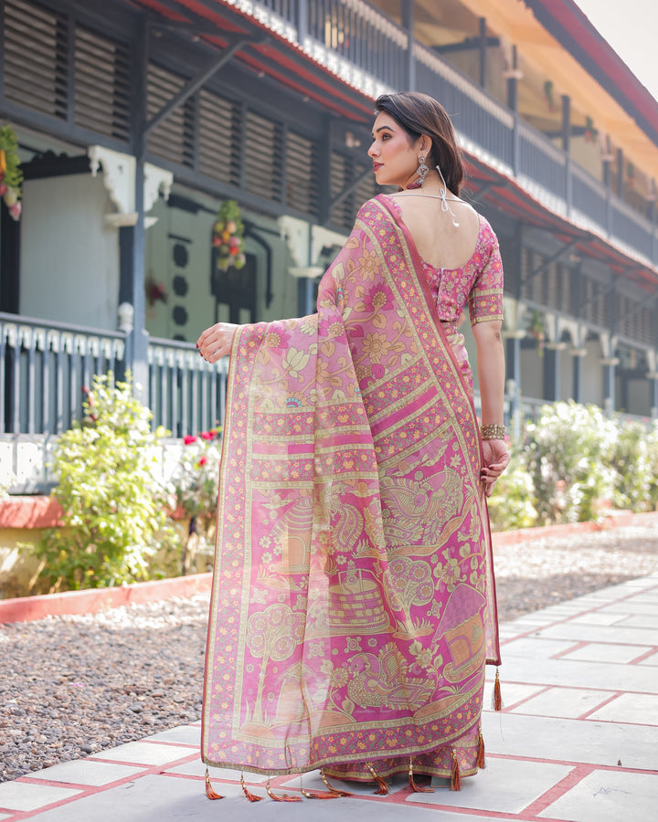 Regal Pink Handloom Cotton-Linen Saree with Floral Motifs, Golden Zari Highlights, and Tassel Detailing