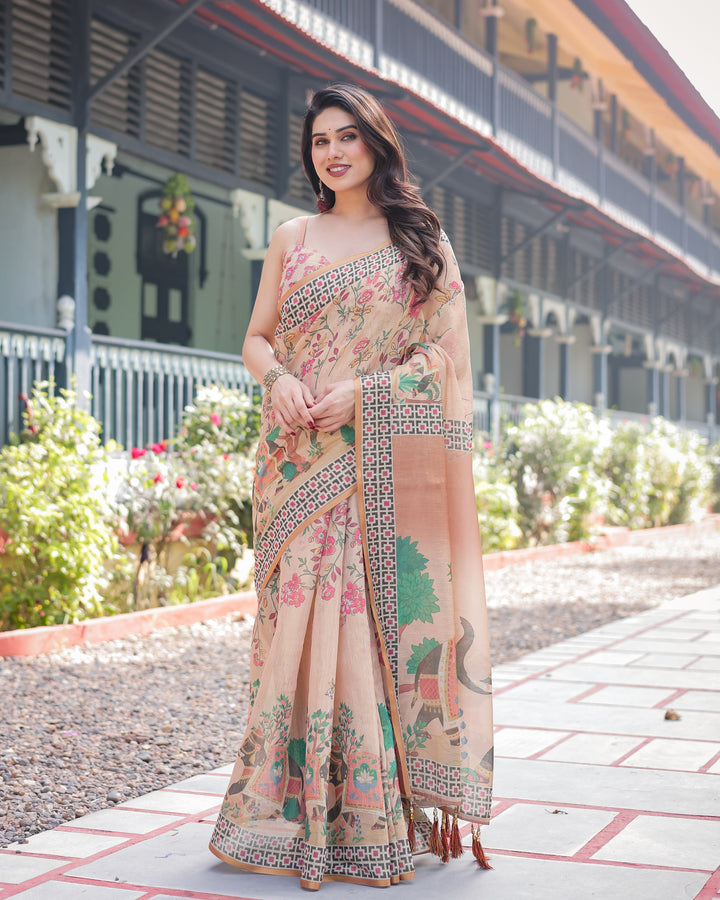 Beige Handloom Cotton-Linen Saree with Elephant Motifs and Geometric Border Design