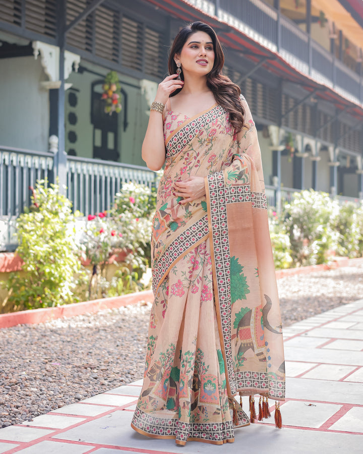 Beige Handloom Cotton-Linen Saree with Elephant Motifs and Geometric Border Design