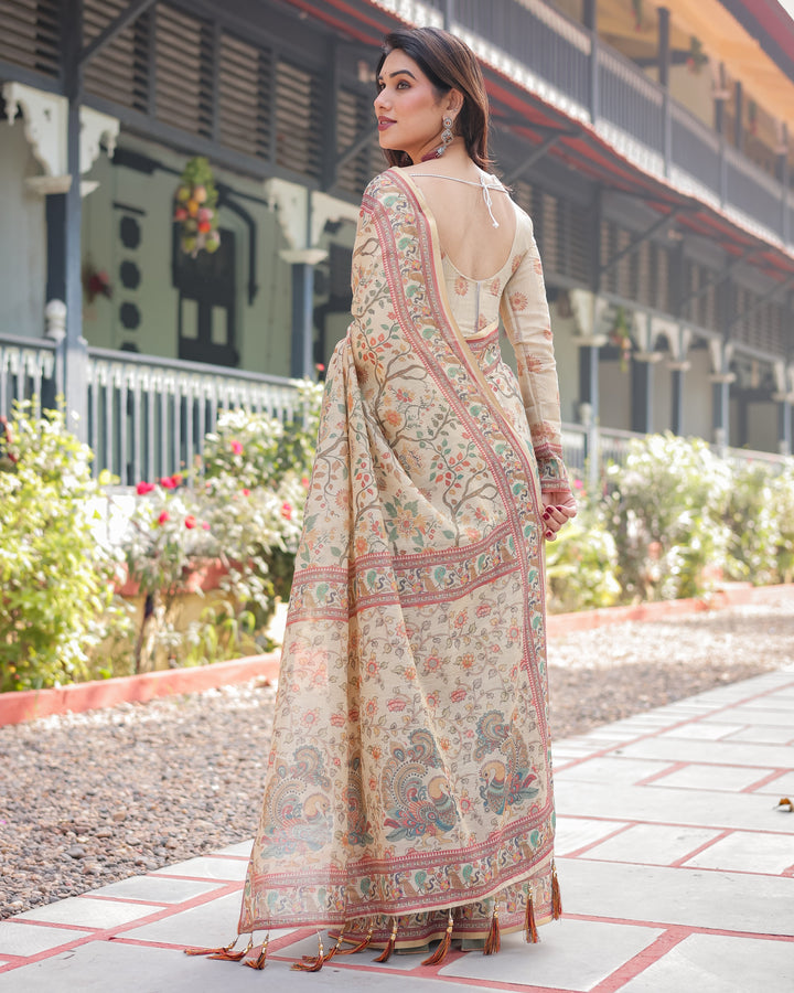 Ivory Handloom Cotton-Linen Saree with Floral and Peacock Motifs, Zari Highlights, and Tassel Finish