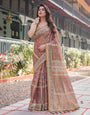 Rust and Gold Handloom Cotton-Linen Saree with Floral Motifs and Rich Zari Border