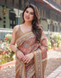 Rust and Gold Handloom Cotton-Linen Saree with Floral Motifs and Rich Zari Border