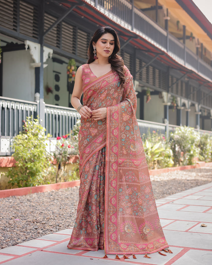 Copper Brown Handloom Cotton-Linen Saree with Floral Motifs and Vibrant Pink Accents