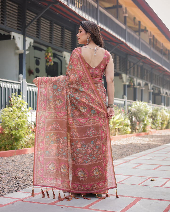 Copper Brown Handloom Cotton-Linen Saree with Floral Motifs and Vibrant Pink Accents