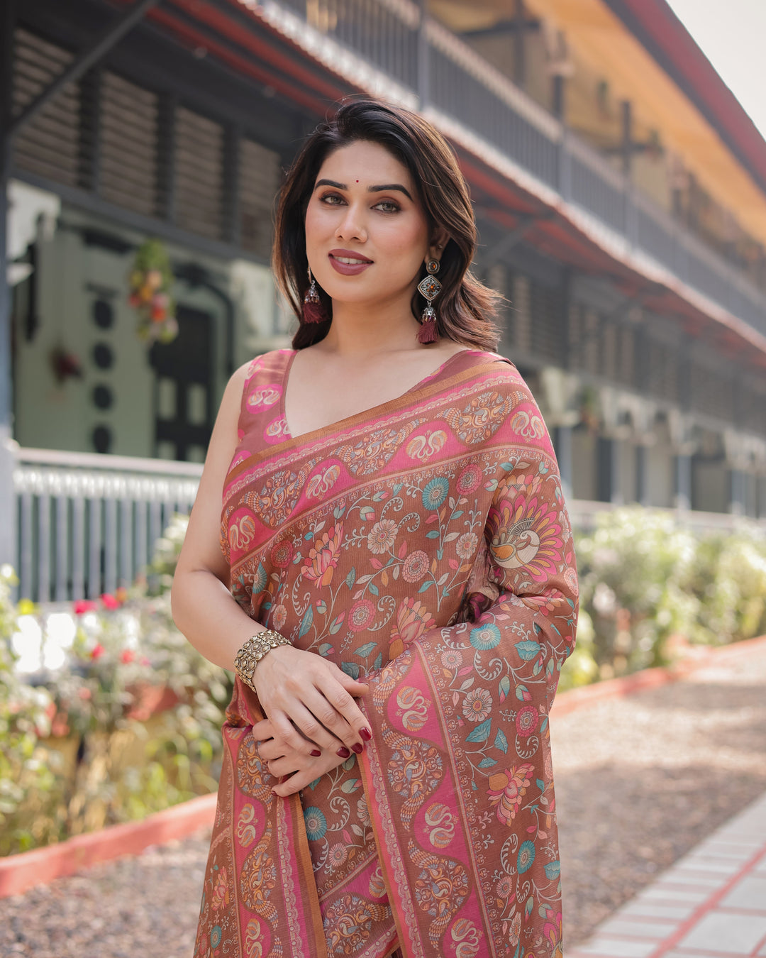 Copper Brown Handloom Cotton-Linen Saree with Floral Motifs and Vibrant Pink Accents