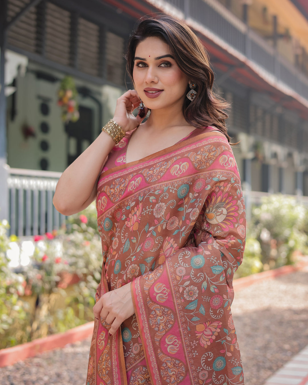 Copper Brown Handloom Cotton-Linen Saree with Floral Motifs and Vibrant Pink Accents