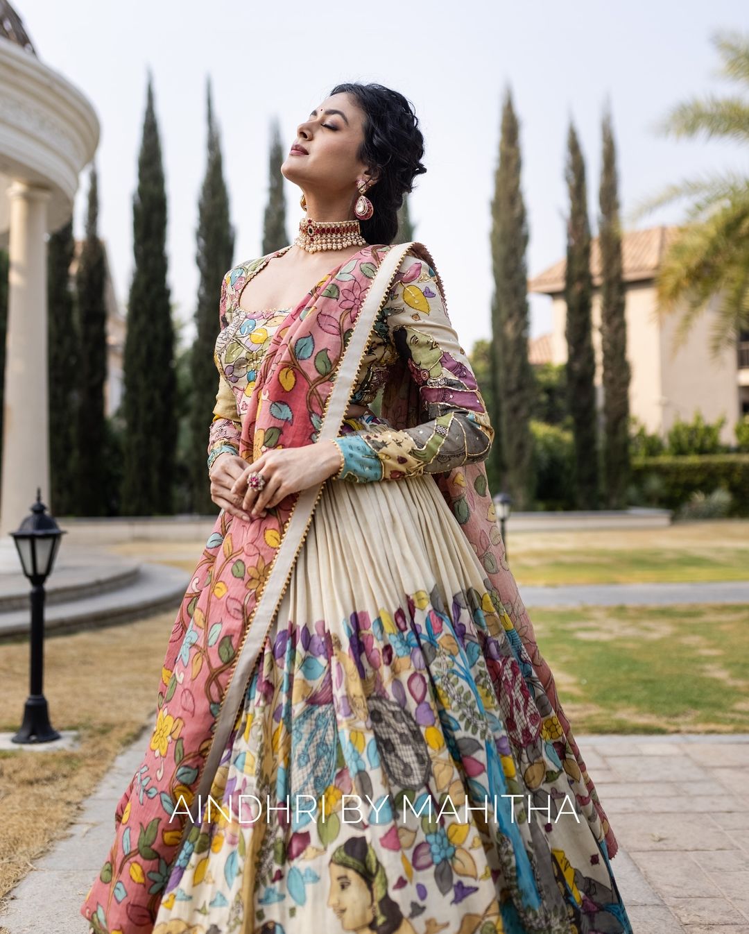 Multicolor Kalamkari Printed Lehenga Choli Set with Contrasting Pink Dupatta