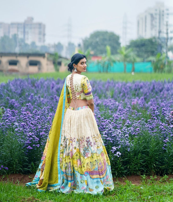 Pastel Kalamkari Printed Lehenga Choli Set with Contrasting Dupatta