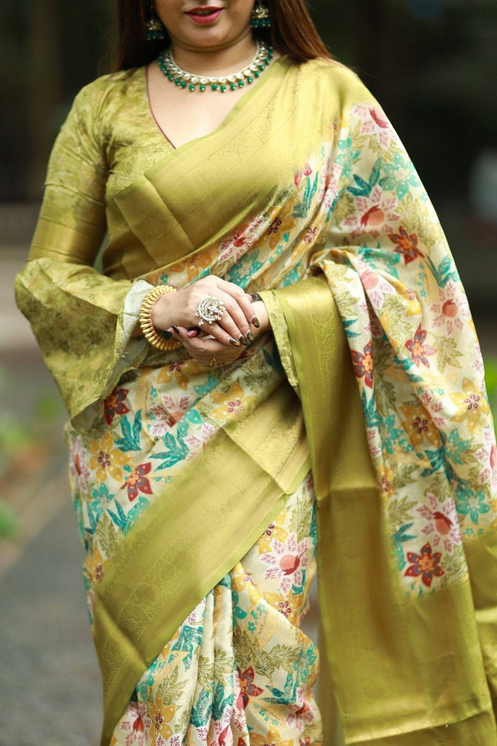 Lime Green Banarasi Silk Saree with Vibrant Floral Digital Print & Zari Weave Border