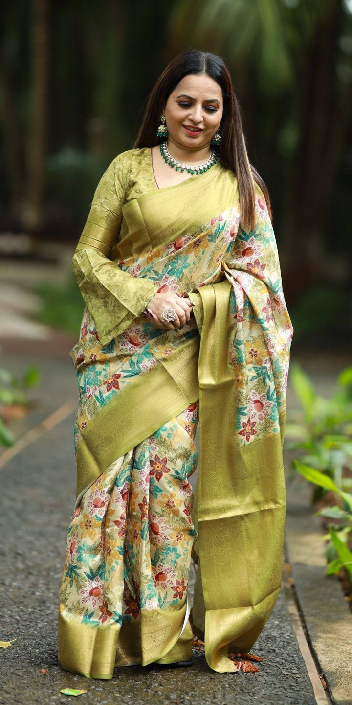 Lime Green Banarasi Silk Saree with Vibrant Floral Digital Print & Zari Weave Border