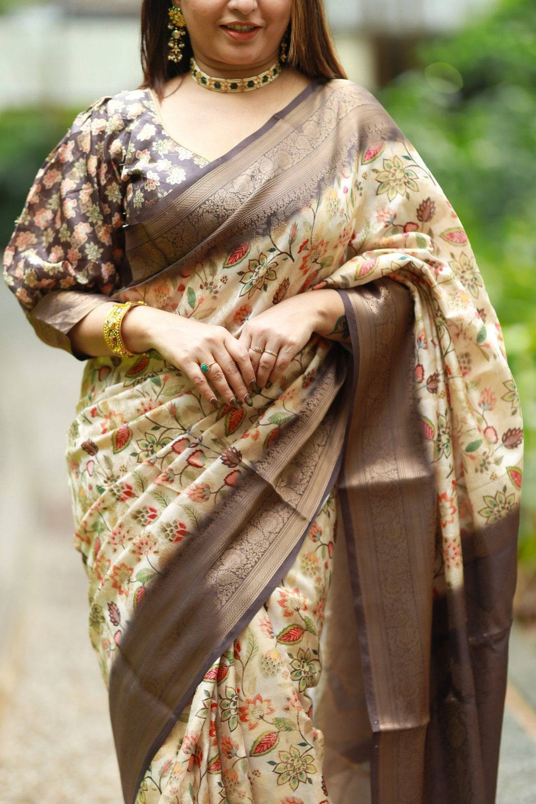 Cream Banarasi Silk Saree with Floral Digital Print, Chocolate Brown Zari Border & Pallu