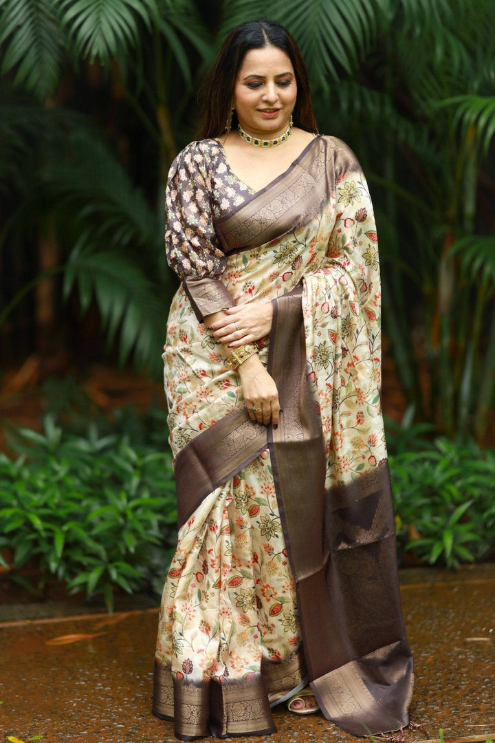 Cream Banarasi Silk Saree with Floral Digital Print, Chocolate Brown Zari Border & Pallu