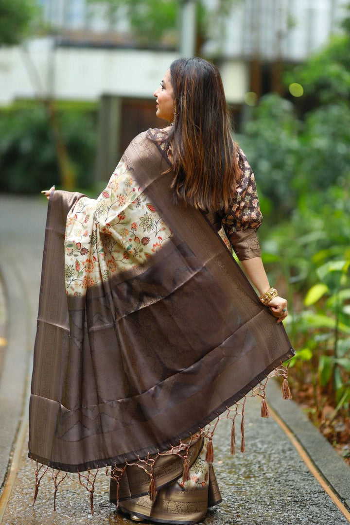 Cream Banarasi Silk Saree with Floral Digital Print, Chocolate Brown Zari Border & Pallu