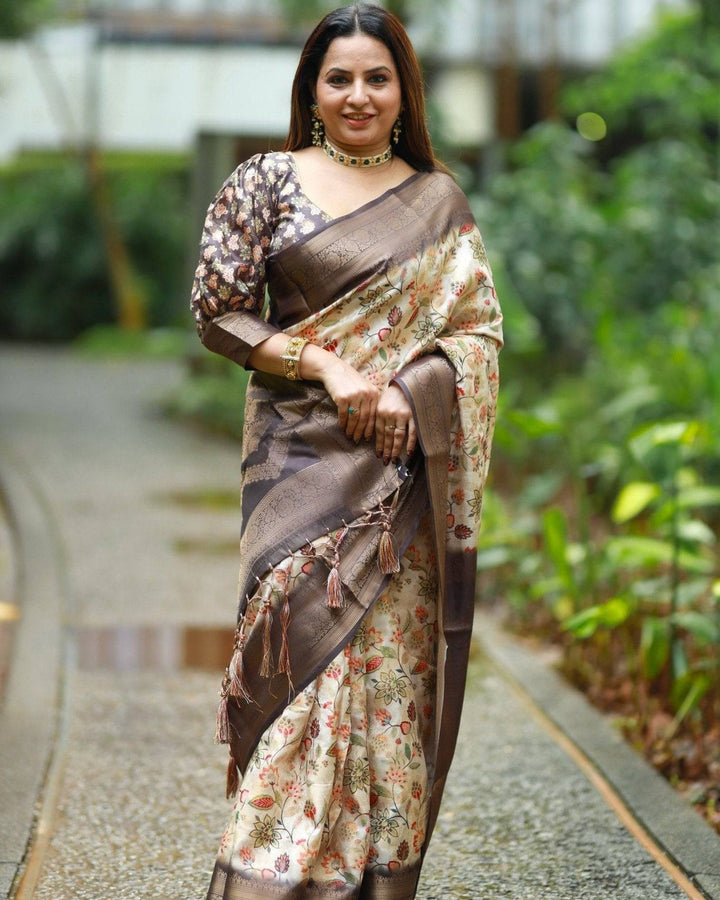 Cream Banarasi Silk Saree with Floral Digital Print, Chocolate Brown Zari Border & Pallu