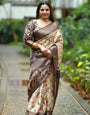 Cream Banarasi Silk Saree with Floral Digital Print, Chocolate Brown Zari Border & Pallu