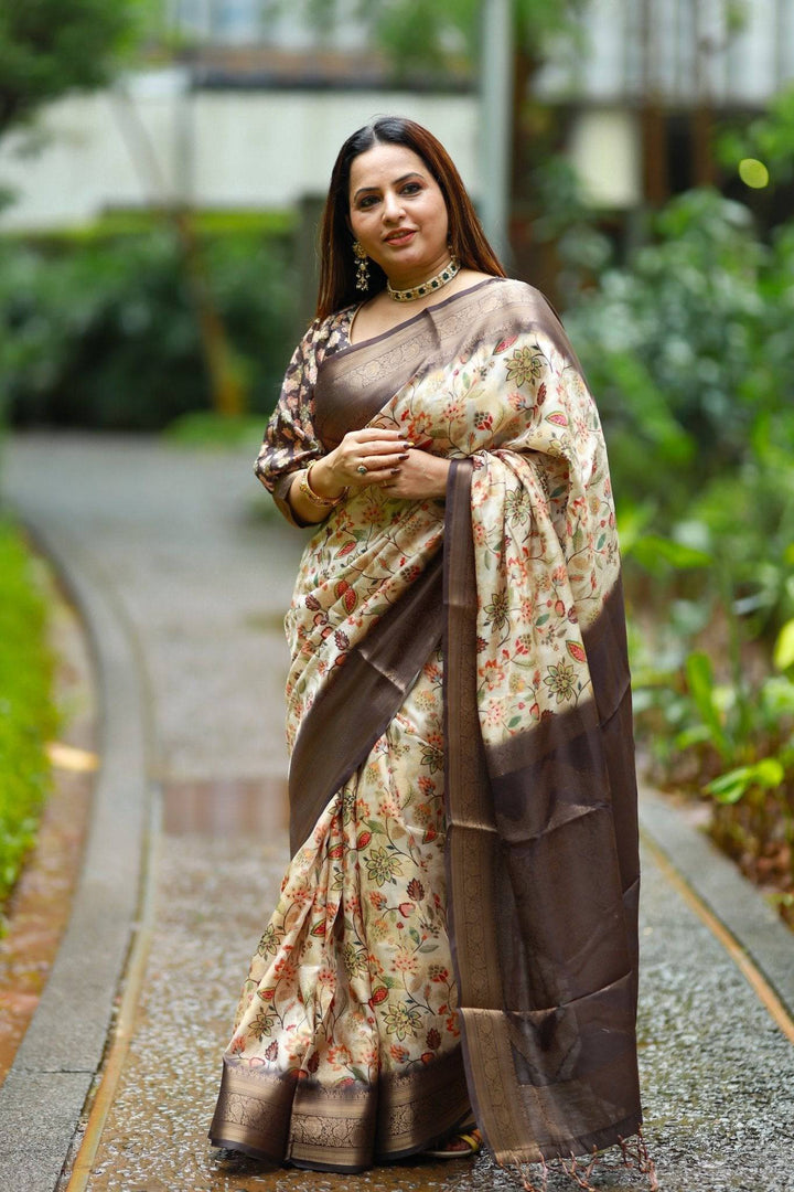 Cream Banarasi Silk Saree with Floral Digital Print, Chocolate Brown Zari Border & Pallu