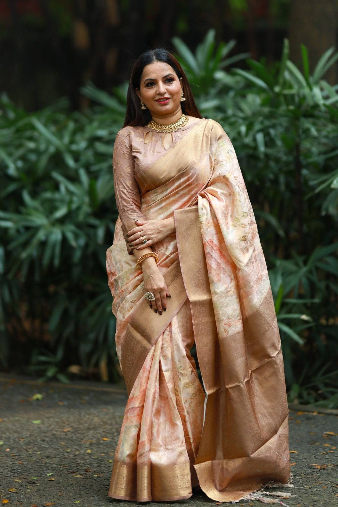 Pastel Peach Banarasi Silk Saree with Golden Zari Border & Subtle Floral Print