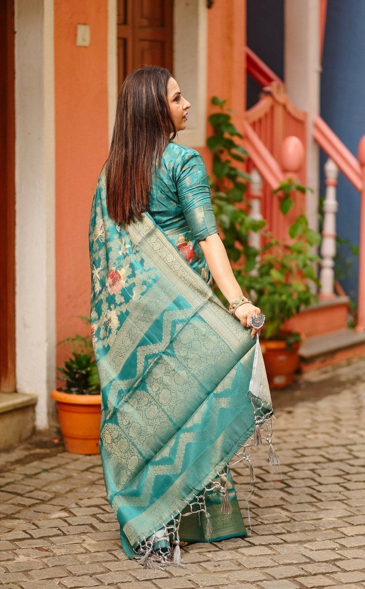 Teal Banarasi Silk Saree with Zari Weave Border & Intricate Traditional Motifs