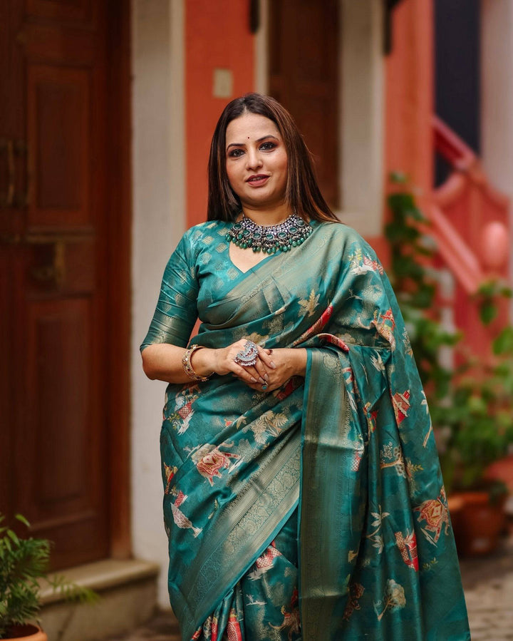 Teal Banarasi Silk Saree with Zari Weave Border & Intricate Traditional Motifs