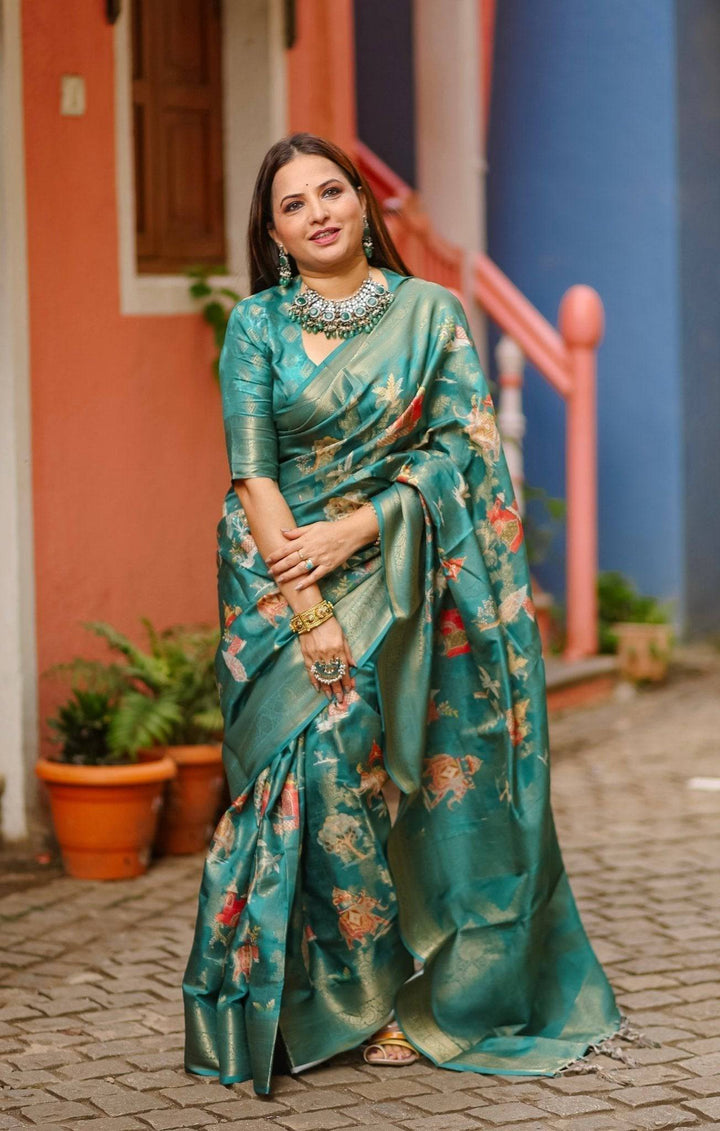 Teal Banarasi Silk Saree with Zari Weave Border & Intricate Traditional Motifs