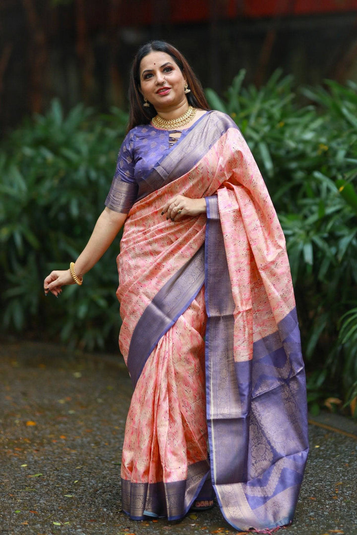 Soft Peach Banarasi Silk Saree with Lavender Zari Border & Delicate Floral Design