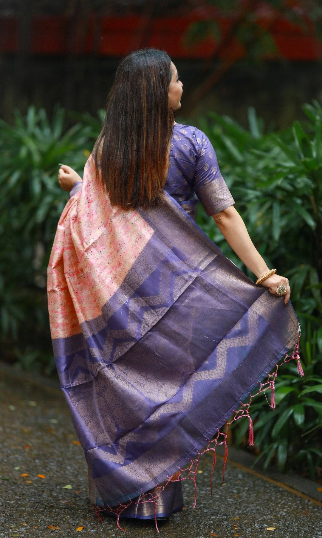 Soft Peach Banarasi Silk Saree with Lavender Zari Border & Delicate Floral Design