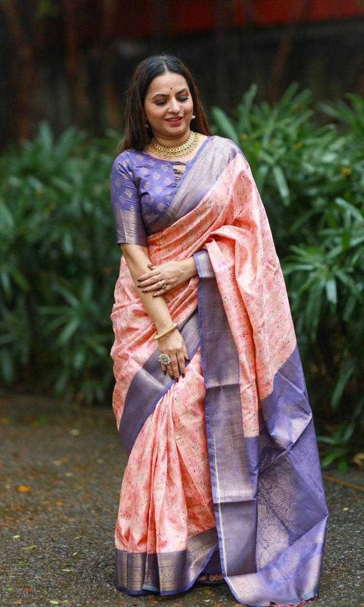 Soft Peach Banarasi Silk Saree with Lavender Zari Border & Delicate Floral Design