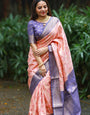 Soft Peach Banarasi Silk Saree with Lavender Zari Border & Delicate Floral Design