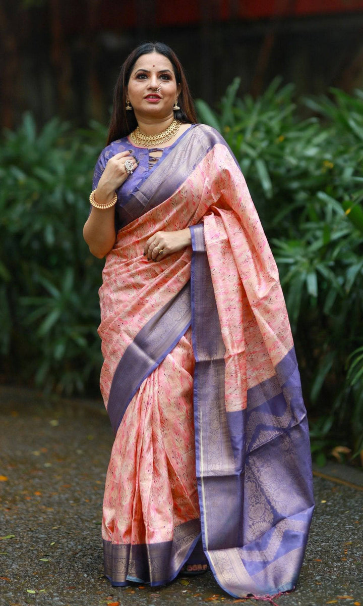 Soft Peach Banarasi Silk Saree with Lavender Zari Border & Delicate Floral Design