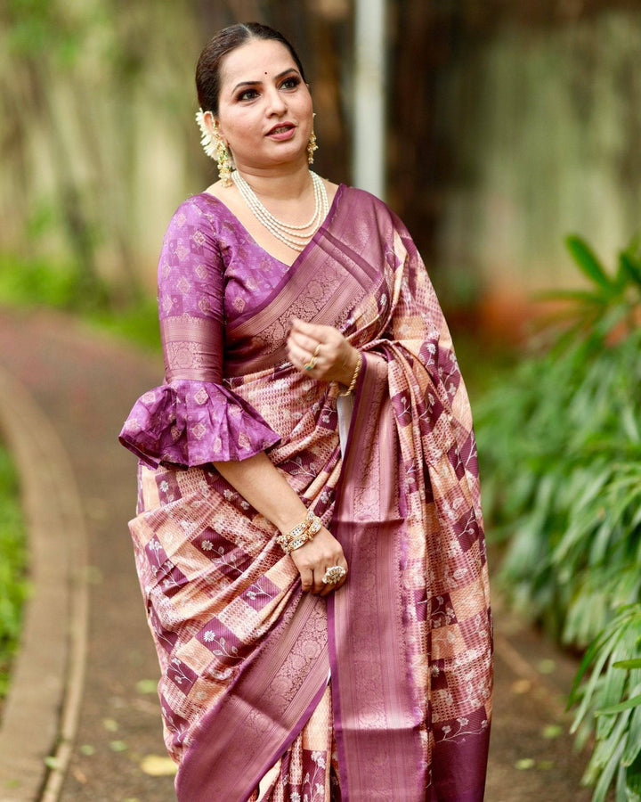 Regal Purple Banarasi Silk Saree with Beige Checkered Design, Zari Border & Pallu