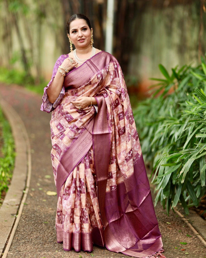 Regal Purple Banarasi Silk Saree with Beige Checkered Design, Zari Border & Pallu