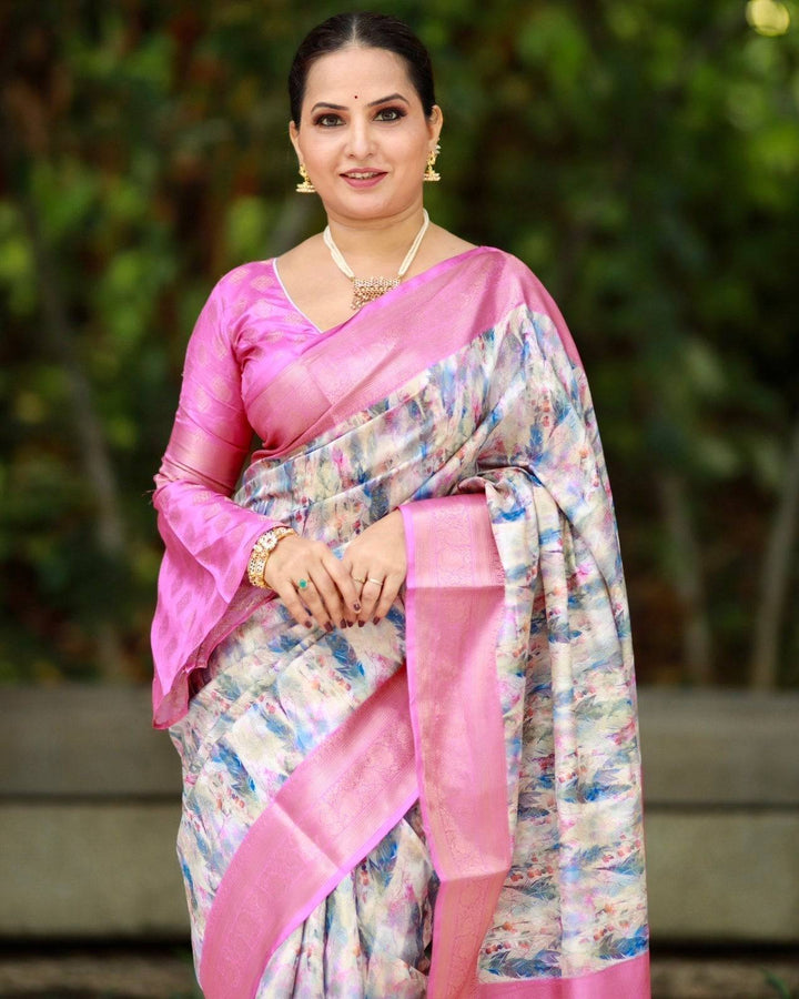 Elegant Pink Banarasi Silk Saree with Multicolor Floral Digital Print, Zari Weave Border & Tassels