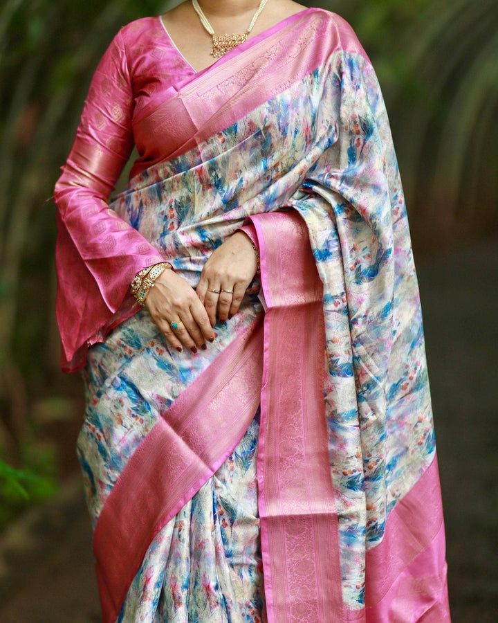 Elegant Pink Banarasi Silk Saree with Multicolor Floral Digital Print, Zari Weave Border & Tassels